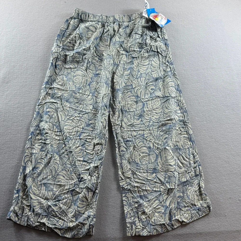Makai Beach Aloha Bottoms Women Large Blue Tropical Leaf Print Wide Leg Pants